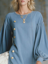 Round Neck Puff Sleeve Metal Button Denim Mini Dress