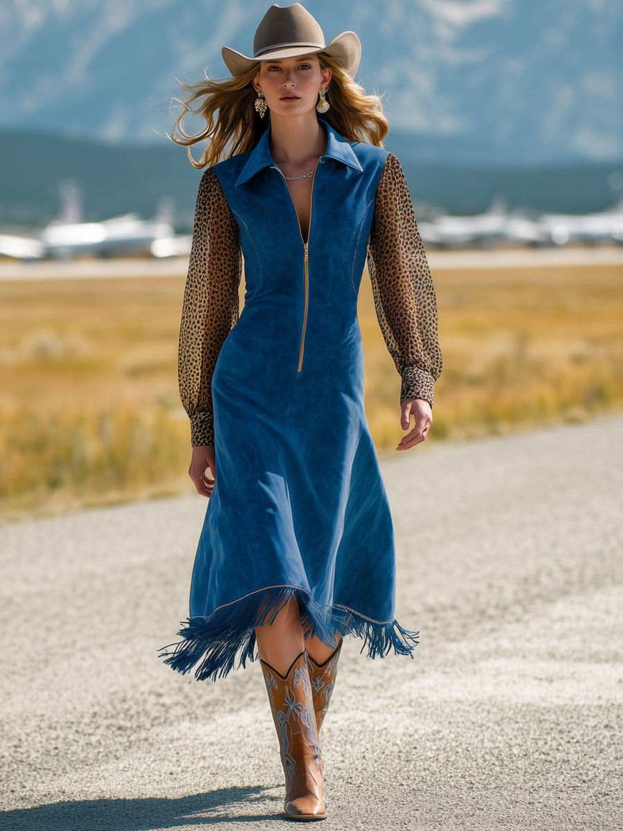 Western Retro Leopard Print Chiffon Long-Sleeved Blue Faux Suede Tassel Midi Dress