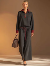 Casual, Retro-style Dark Gray Cotton Sweatshirt And Pants Set