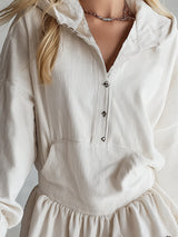 Stylish Sporty Checkered-trim White Corduroy Hooded Mini Dress