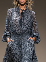 Retro Leopard Print Blue Chiffon V-neck Tie-waist Long Sleeve Maxi Dress
