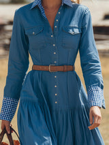 Western-style Blue Denim Patchwork With Partial Plaid Pattern And Buttons Maxi Dress