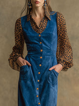 Western Retro Long-Sleeved Chiffon Leopard Print Blue Faux Suede Midi Dress