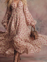 Elegant Flowing Retro V-neck Front-button Pink Polka Dot Print Apricot Chiffon Maxi Dress