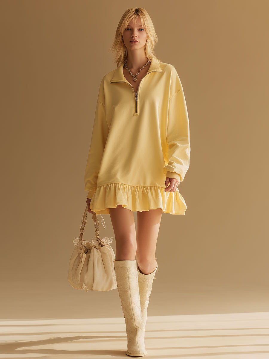 Stylish And Casual Yellow Collared Sweatshirt-style Mini Dress
