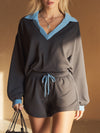 Casual Blue Collared Sweatshirt And Dark Gray Shorts Set