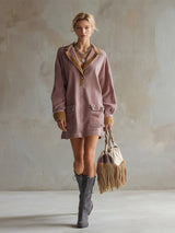 Casual Retro Color-blocked Denim Trim Pink Denim Pocket Mini Dress