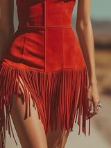 【24-hour shipping out】Elegant And Fashionable Western V-Neck Red Suede Tassel Mini Dress