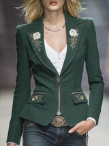 Vintage Western Rose Embroidered Zipper Green Faux Suede Jacket