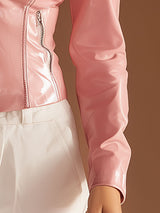 Stylish Retro-style Lapel White And Pink Faux Leather Jacket