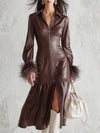 Elegant And Sophisticated Chocolate Brown Collared PU Feather-trimmed Midi Dress