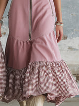 Elegant Pink Checkered Trim Faux Denim Short-sleeved Midi Dress