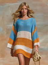 Stylish Outdoor Bohemian-style Colorful Striped Knitted Mini Dress