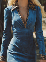 Western-style Blue Faux Suede And Leopard Print Patchwork Midi Dress