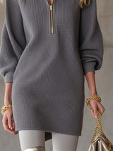 Exquisite Casual Lapel Front Zipper Three-quarter Sleeve Gray Waffle Mini Dress