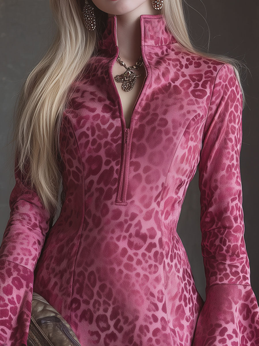 Leopard Print Faux Suede Stand-collar Zip-up Flared Long-sleeved Mini Dress