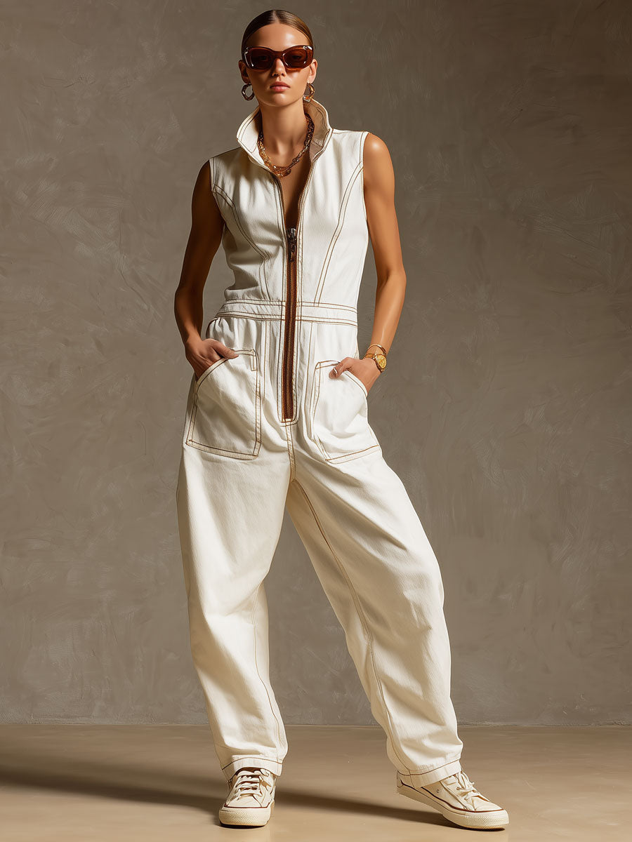 Casual Retro White Denim Zip-up Sleeveless Wide-leg Jumpsuit