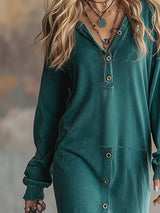 Stylish Vintage-inspired Blue-green Washed Cotton Sweatshirt Midi Dress