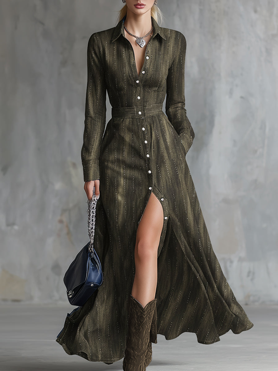 Vintage-inspired Rhinestone Olive Green Lapel Button-down Maxi Dress