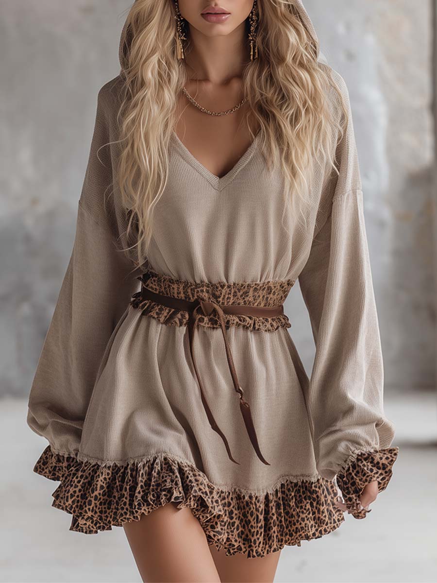 Stylish Leopard Print Trim Beige Thin Knit Hooded Sporty Mini Dress