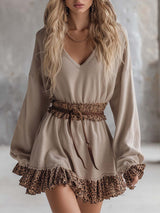 Stylish Leopard Print Trim Beige Thin Knit Hooded Sporty Mini Dress