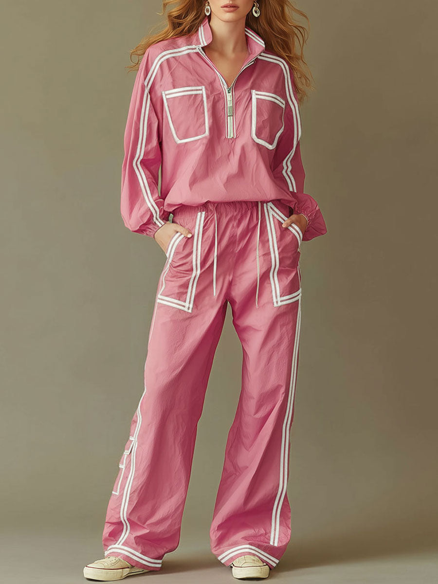 Casual Sporty Retro Pink Quick-drying Outdoor Top And Wide-leg Pants Set