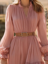 Stylish Pink Chiffon PleatedWith Ruffled Trim Midi Dress