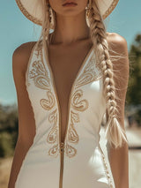 【24-hour shipping out】Retro Casual Western Zipper V-Neck Gold Embroidery Tassel White Denim Mini Dress