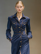 Fashionable Retro Long-sleeved Dark Blue Denim Cardigan Midi Dress