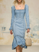 Vintage-style Square-neck Denim Midi Dress