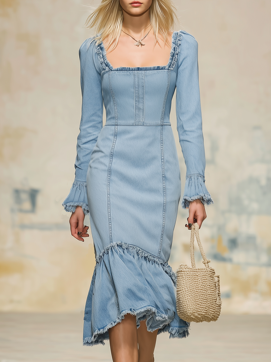 Vintage-style Square-neck Denim Midi Dress