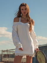 Retro Sporty Off-the-shoulder Long Sleeve Lace Trim Sweatshirt Dress