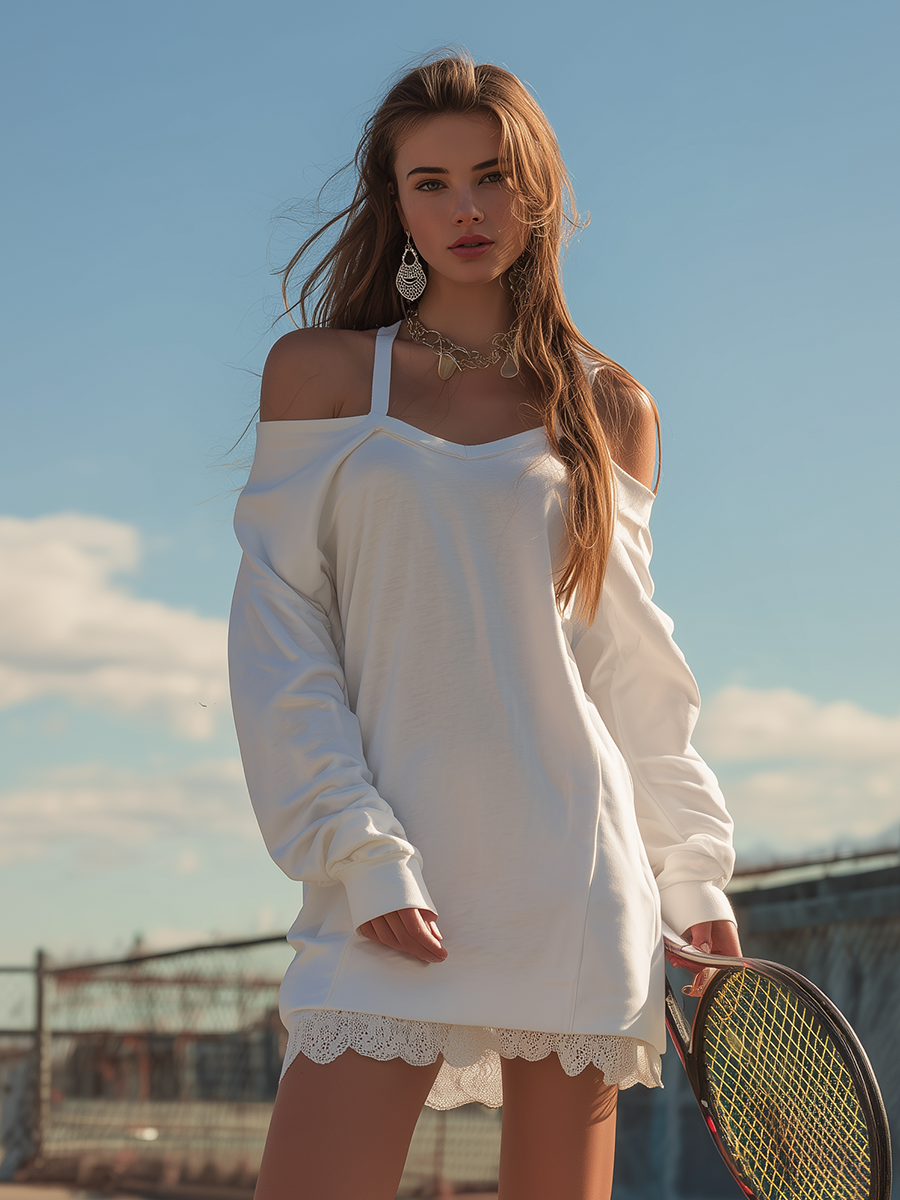 Retro Sporty Off-the-shoulder Long Sleeve Lace Trim Sweatshirt Dress