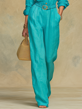 Retro Casual Vacation Style Solid Color Shirt And Pants Set