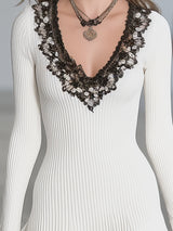 Stylish White Knitted V-neck With Black Lace Trim Mini Dress