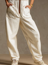 Casual Retro White Denim Zip-up Sleeveless Wide-leg Jumpsuit