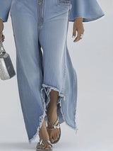 Casual Retro Light Blue Denim Flared Long-Sleeved Wide-Leg Raw Edge Jumpsuit