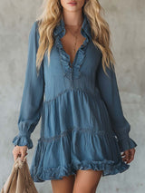 Stylish And Sweet V-neck Blue Denim Mini Dress