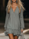 Casual Loose Fashion Zipper V-neck Long Sleeve Lotus Leaf Hem Gray Mini Dress