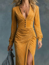 V-neck Button-down Ruched Split Hem Faux Suede Long-sleeved Midi Dress