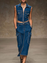 Casual Retro Dark Blue Denim Vest And Workwear Skirt Set