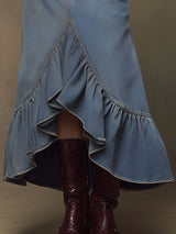 Western Retro Blue Denim Ruffle Skirt