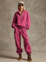 Casual Sporty Retro Rose Red Cotton Sweatshirt And Cargo Pants Set