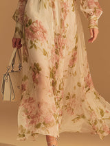 Elegant And Flowing V-neck Red Printed White Chiffon Midi Dress