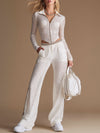 Sporty Retro Ribbon White Lace Long-Sleeved Top And Wide-Leg Pants Set