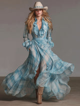 Loose-fitting Ruffled V-neck Plaid Chiffon Long-sleeved Maxi Dress