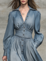 Elegant Retro Lapel Button Denim Midi Dress
