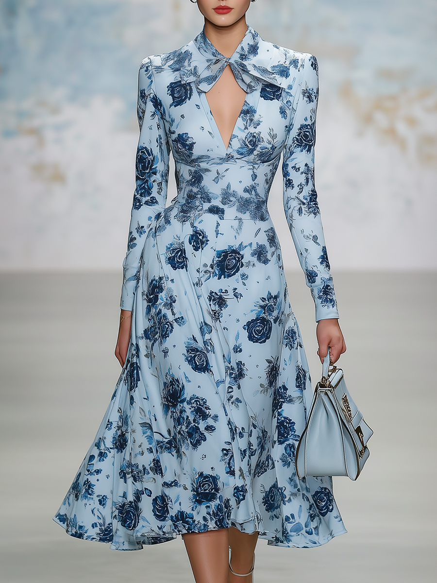 Elegant Vintage-style V-neck A-line Chiffon Midi Dress