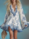 Elegant Fashion Flowing V-neck Blue Lace-trimmed Leopard Print White Chiffon Mini Dress