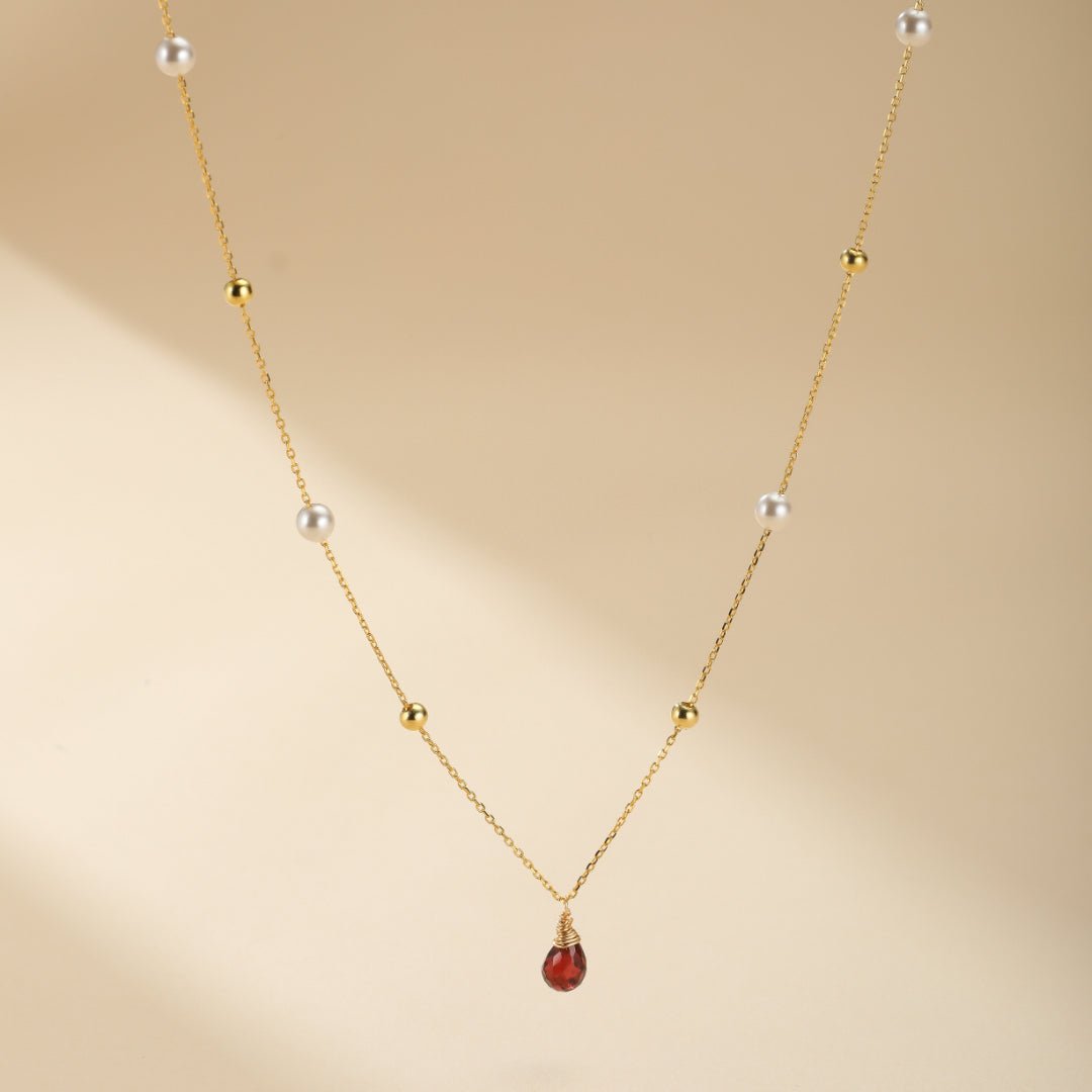 Collier Perles Grenat Argent Plaqué Or 14K - Cadeau Passion - Biloria